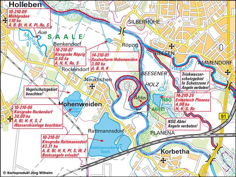 Kartenansicht Mühlgraben, Kiesgrube Röpzig, Saalealtarm Hohenweiden, Kiesgrube Rockendorf, Kiesgrube Rattmannsdorf, Ententeich Planena