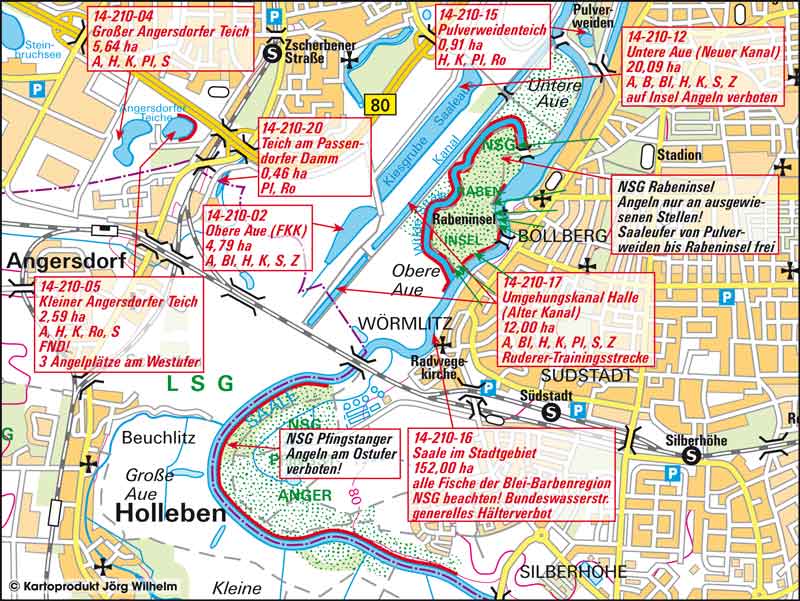 Kartenansicht Großer Angersdorfer Teich, Pulverweidenteich, Untere Aue (Neuer Kanal), Teich am Passendorfer Damm, Obere Aue, Kleiner Angersdorfer Teich, Umgehungskanal Halle, Saale im Stadtgebiet