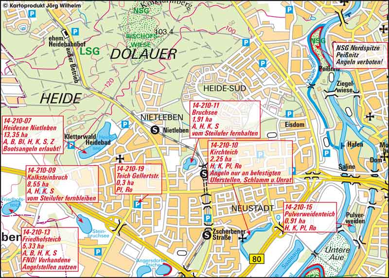 Kartenansicht Heidesee Nietleben, Bruchsee, Kalksteinbruch, Teich Gellertstraße, Kirchteich, Friedhofsteich, Pulverweidenteich