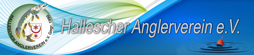 Logo des Halleschen Anglerverein Links ein Hecht, im HIntergrund blaue Wellen
